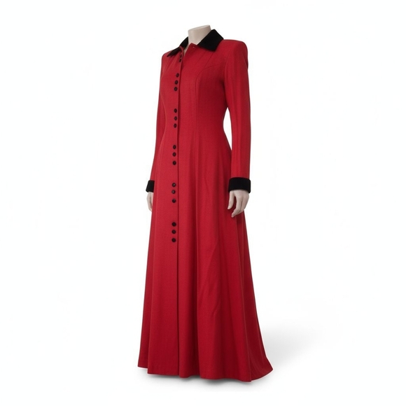 Vintage Women's Red Overcoat Black Velvet Trim Size S-M - Picture 2 of 4